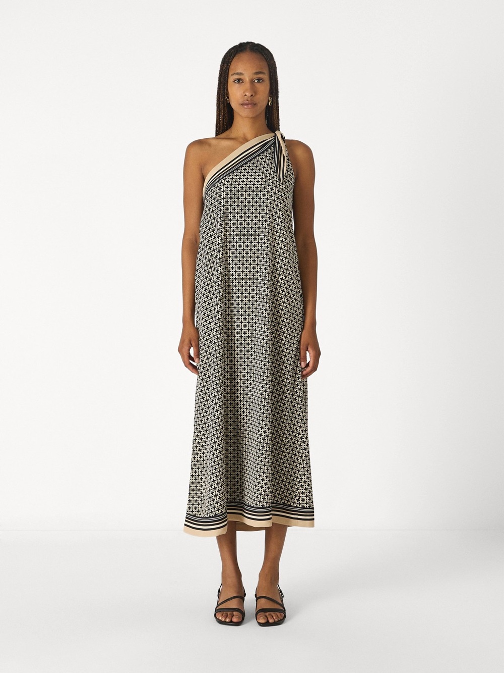 A&F One-Shoulder Black and White Patterned Midi Dress
